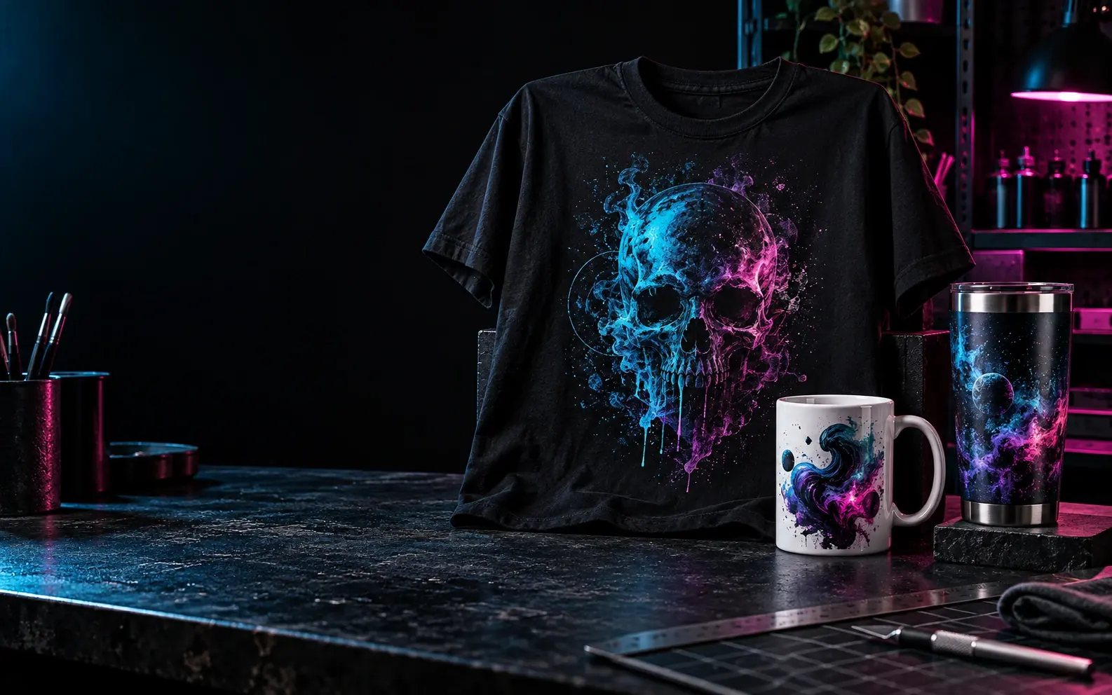 T-shirt noir, mug et tumbler personnalisés dans l’atelier